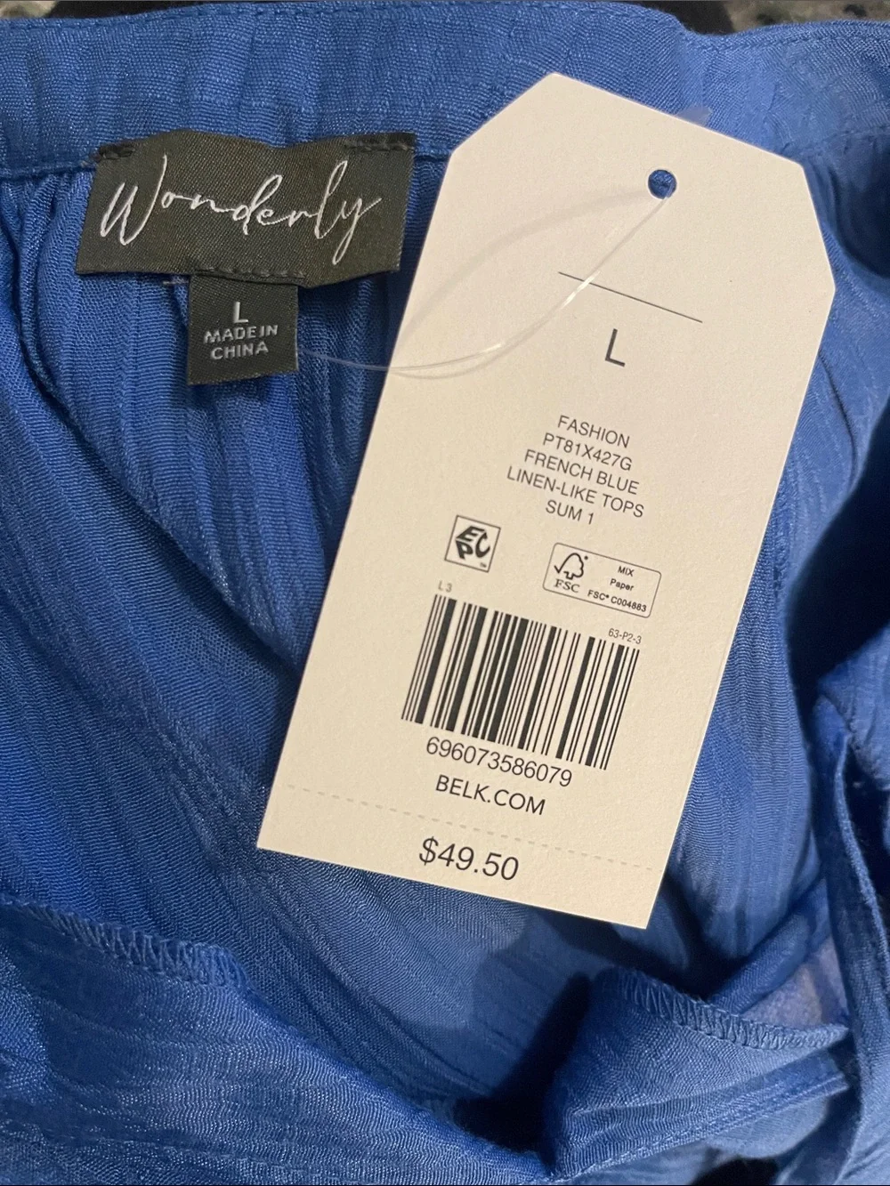 Wonderly Blue Short Sleeve Tie-Neck Peasant Blouse size large, NeW - Picture 6 of 7